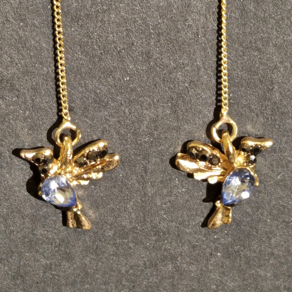 pink and blue simulated gemstone, and onyx, golden bird earings...25034